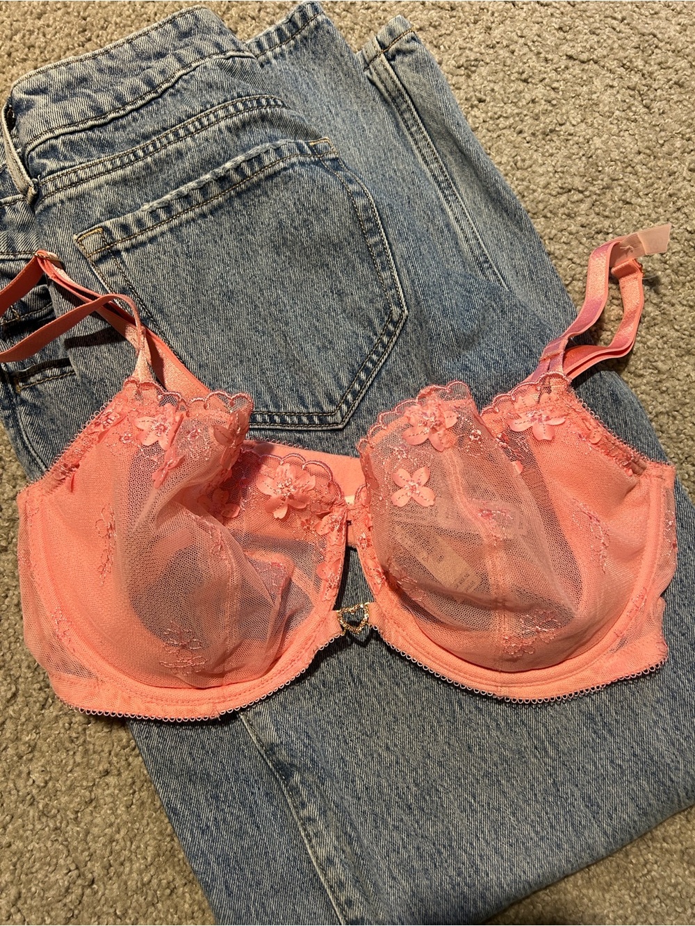 Victoria's Secret Coral Pink Sheer Floral Underwire Bra
